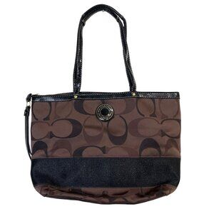 Coach Signature Brown Black Stripe Canvas Shoulder Bag With Leather Trim F20018
